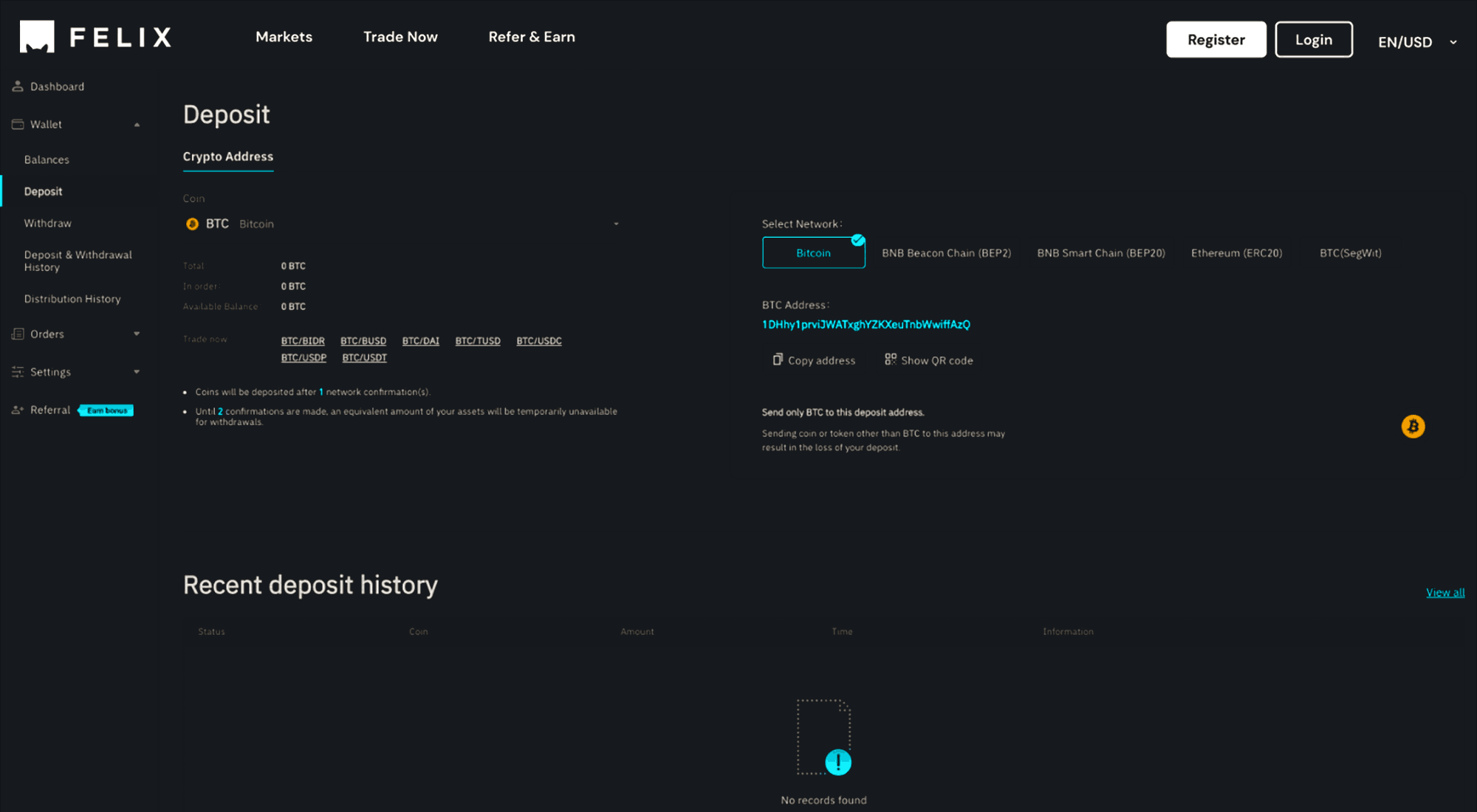 Felix Exchange desktop deposit view