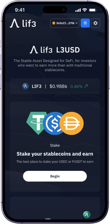 Lif3 Protocol stablecoin staking screen