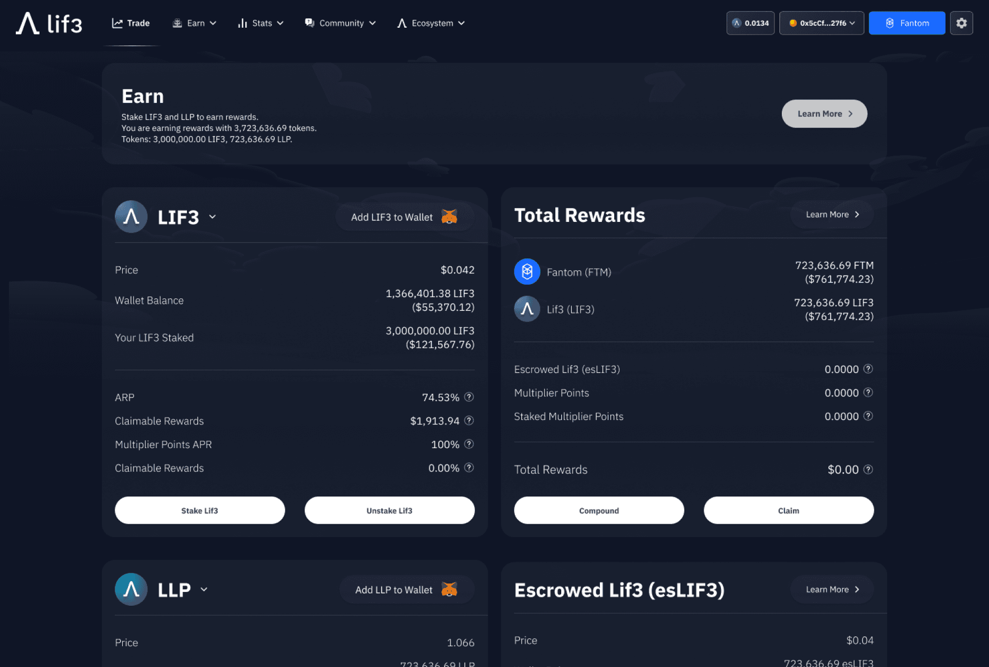 Lif3 Trade desktop earn view