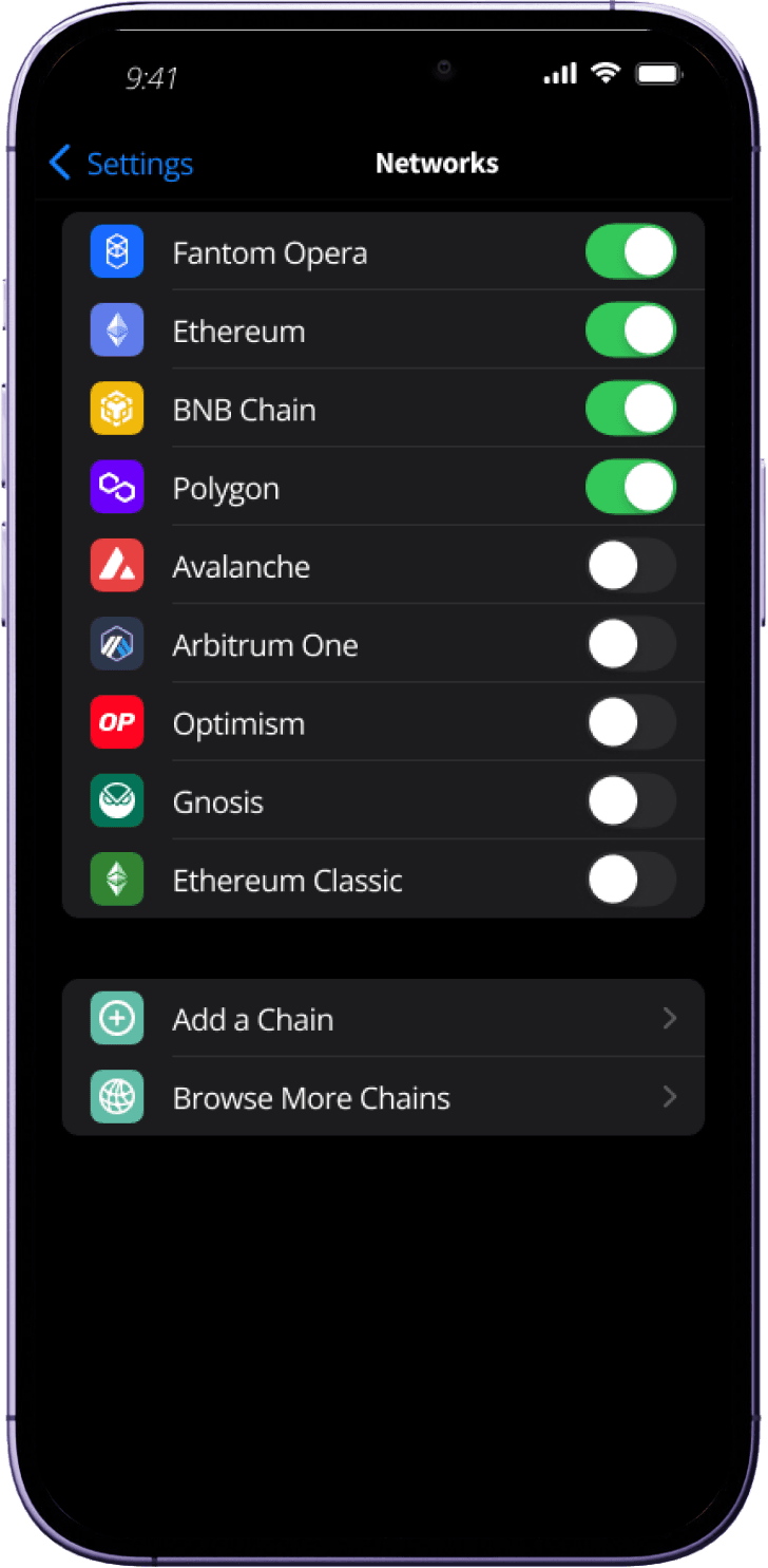 Lif3 Wallet chains screen