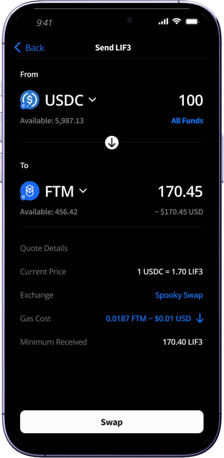 Lif3 Wallet swap screen