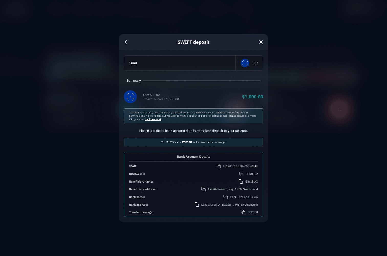 xPay SWIFT deposit view